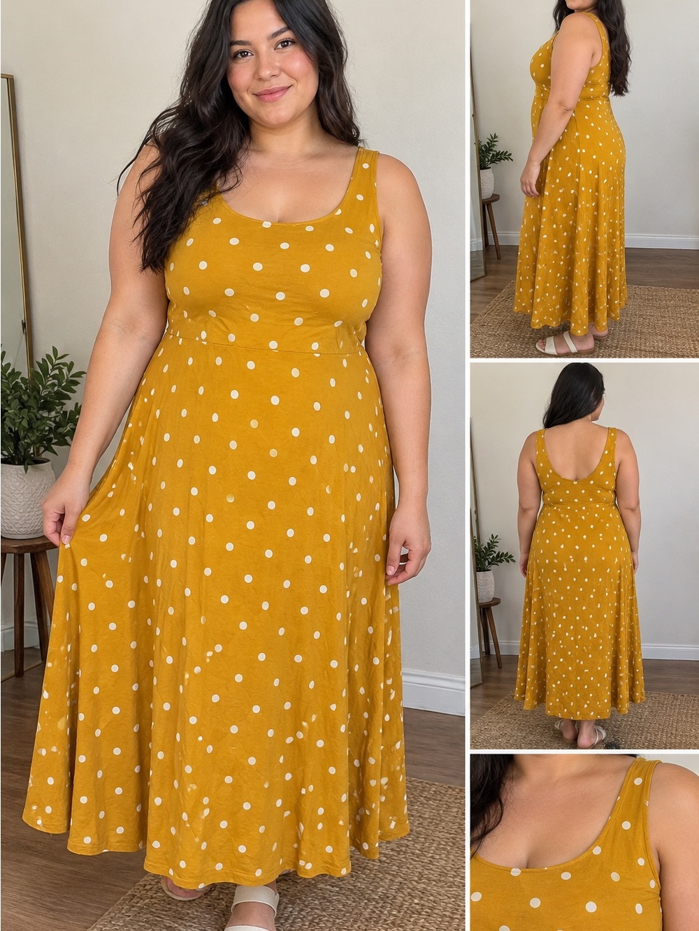 Old Navy Mustard Yellow Polka Dot Scoop Neck Maxi Dress